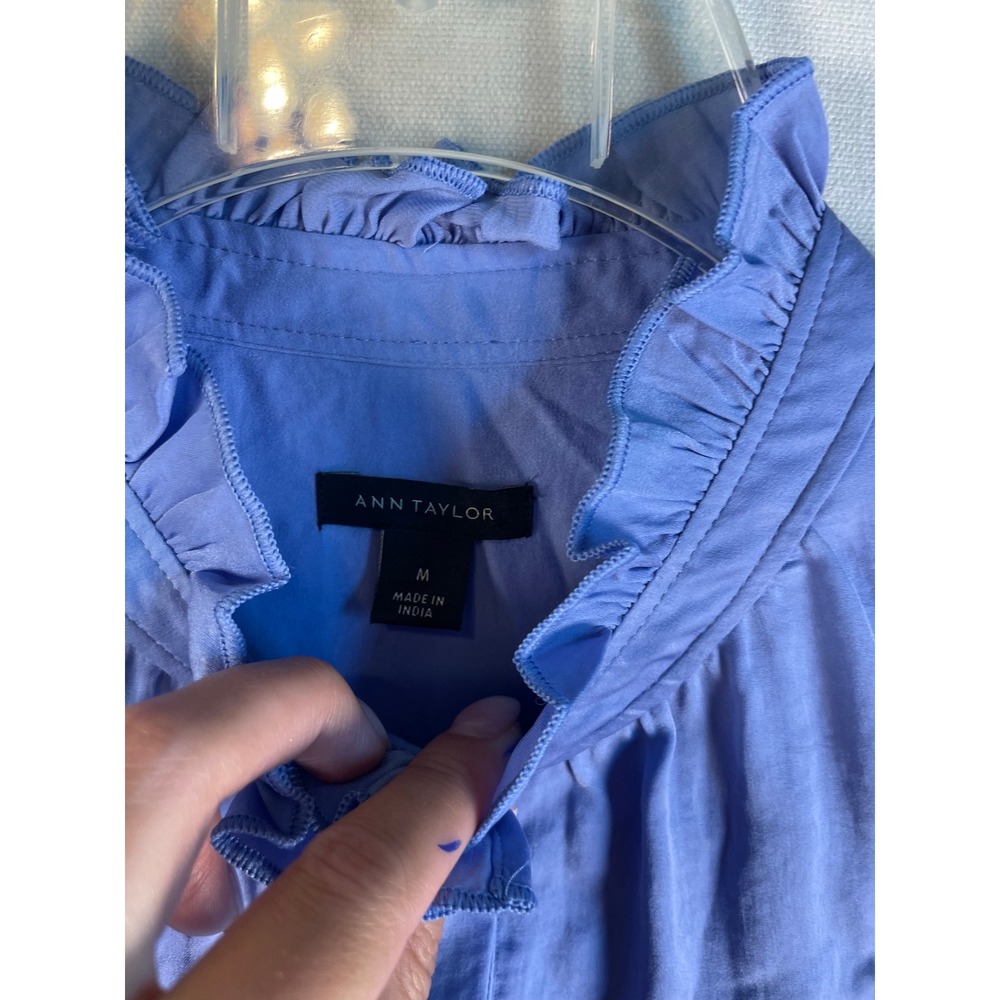 Ann Taylor Periwinkle Blue Ruffle High Neck Button Down Blouse Womens Medium M - Picture 6 of 7